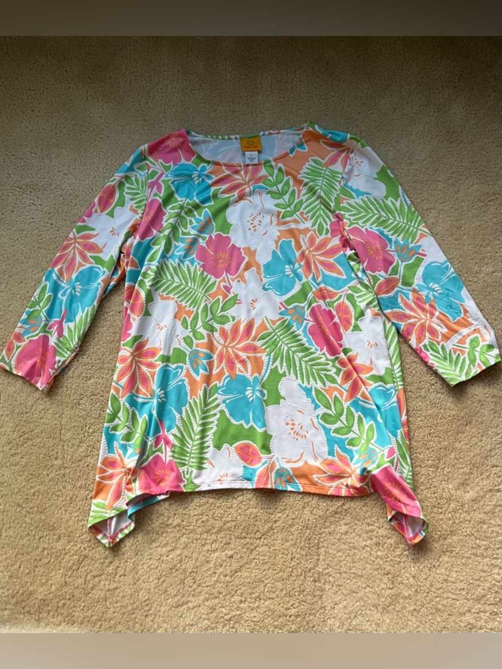 RUBY RD. Multicolor Bright Hawaiian Print Tunic Blouse - Size L - EUC - Stretch